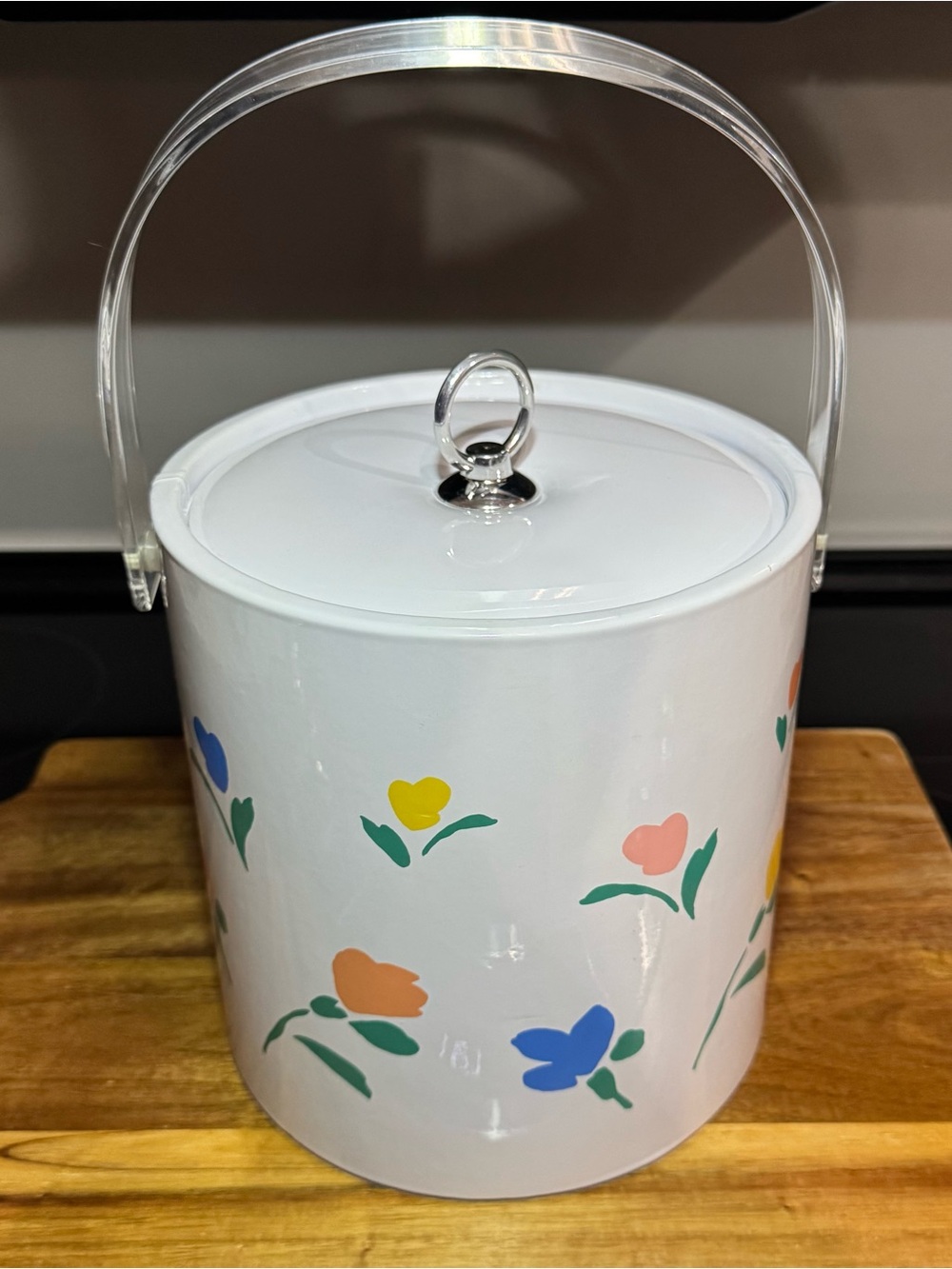 VTG CottageCore Floral Plastic Ice Bucket w/ Lid, Clear Handle, Round 8 in